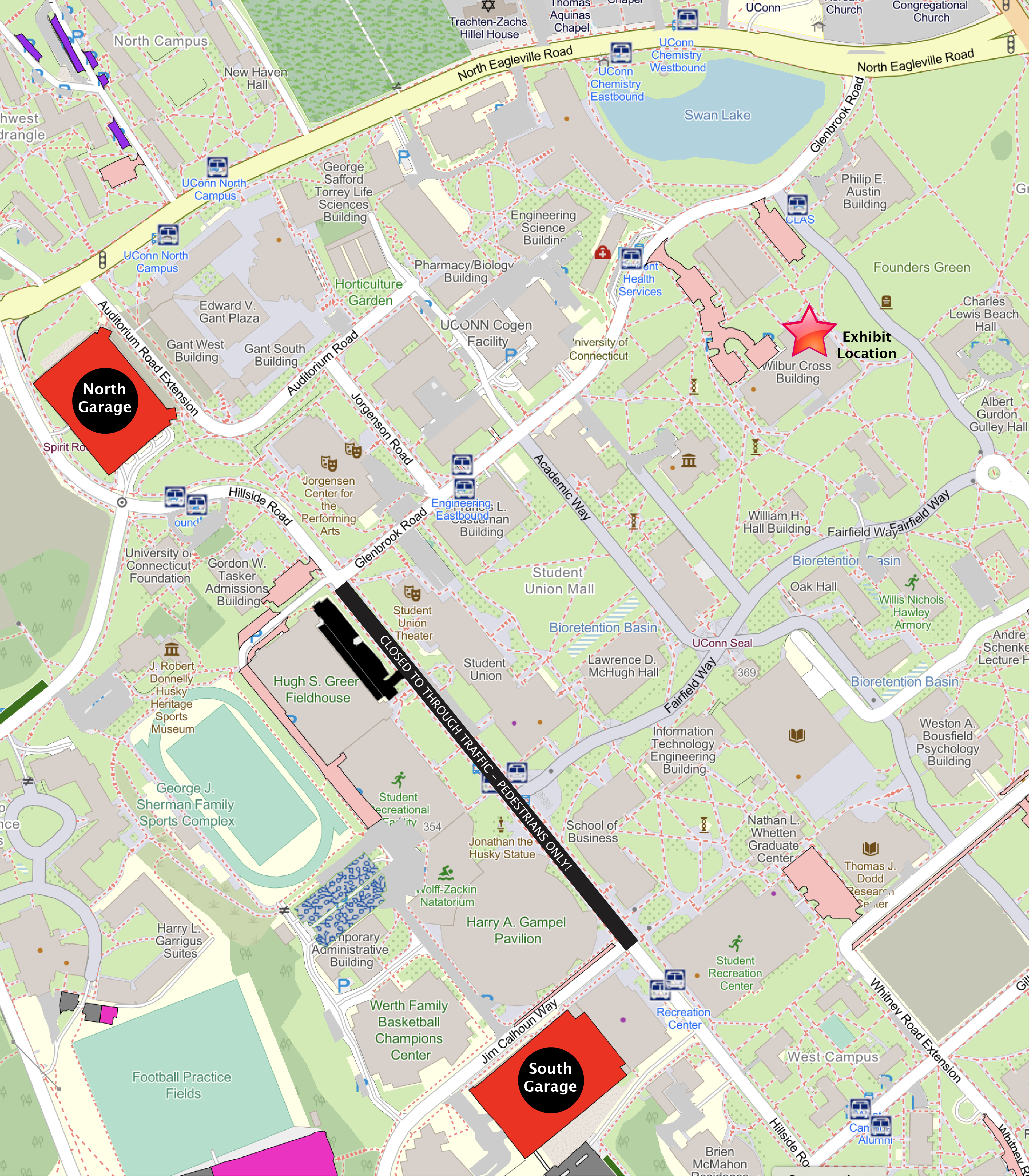 Map of UConn Storrs campus with North and South Parking Garages